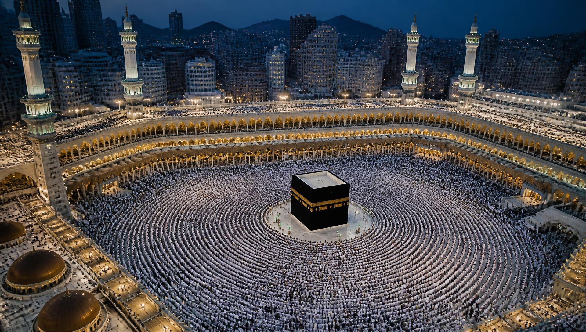 Pilgrims circling the Kaaba in Masjid al-Haram at night